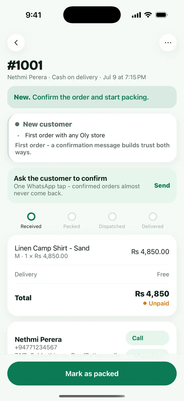 The order screen in olyone, with the risk check and WhatsApp confirm