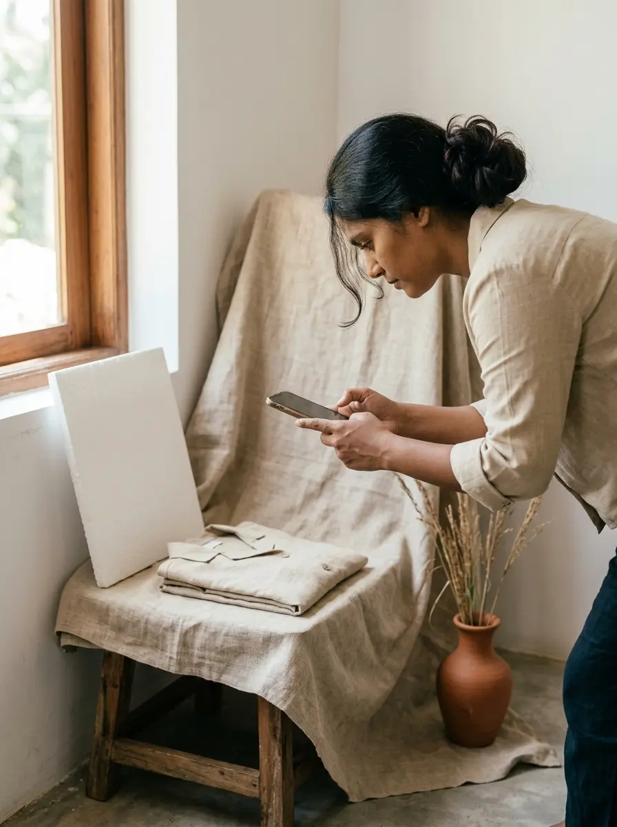 A seller photographs a linen shirt by the window with her phone