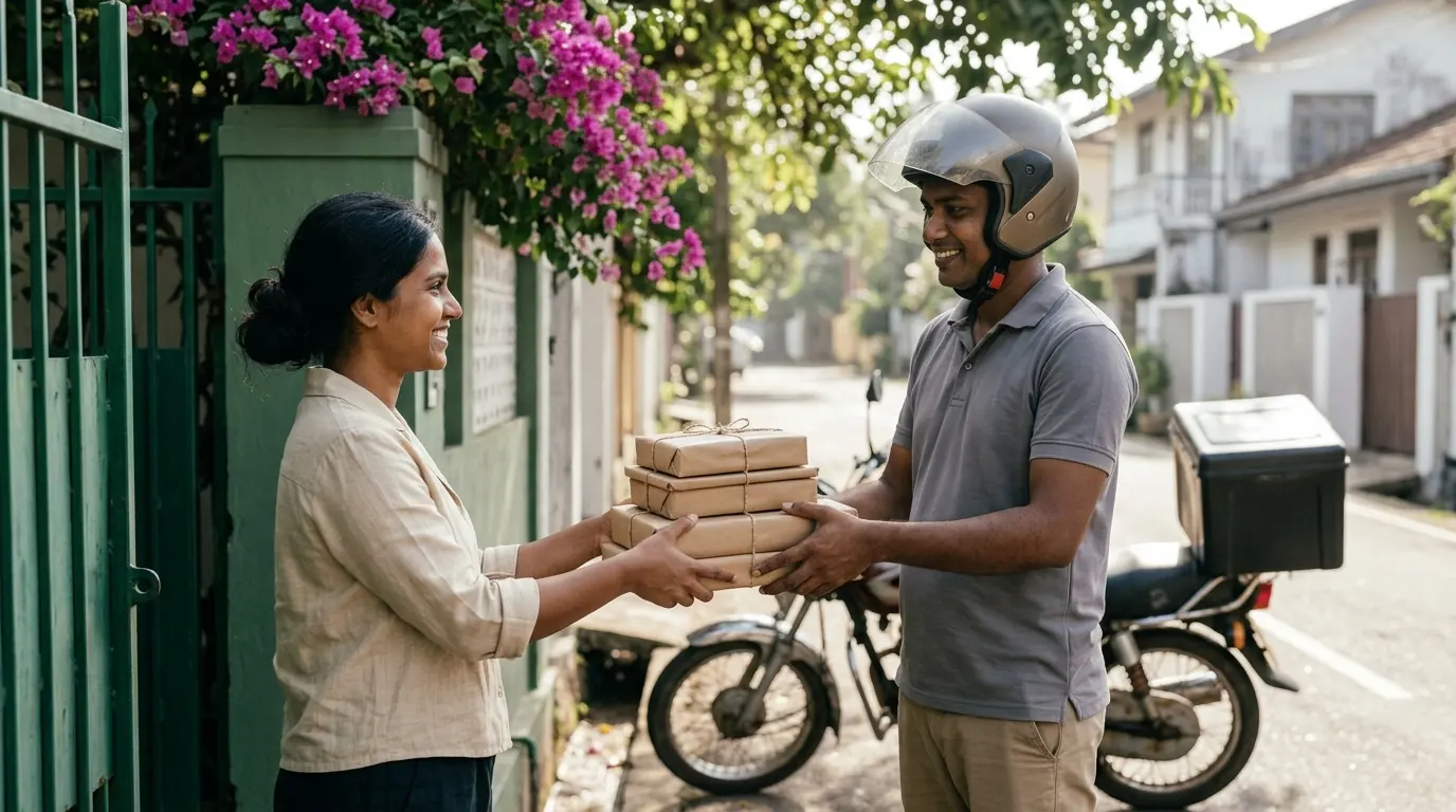 A seller hands parcels to a courier rider at her gate