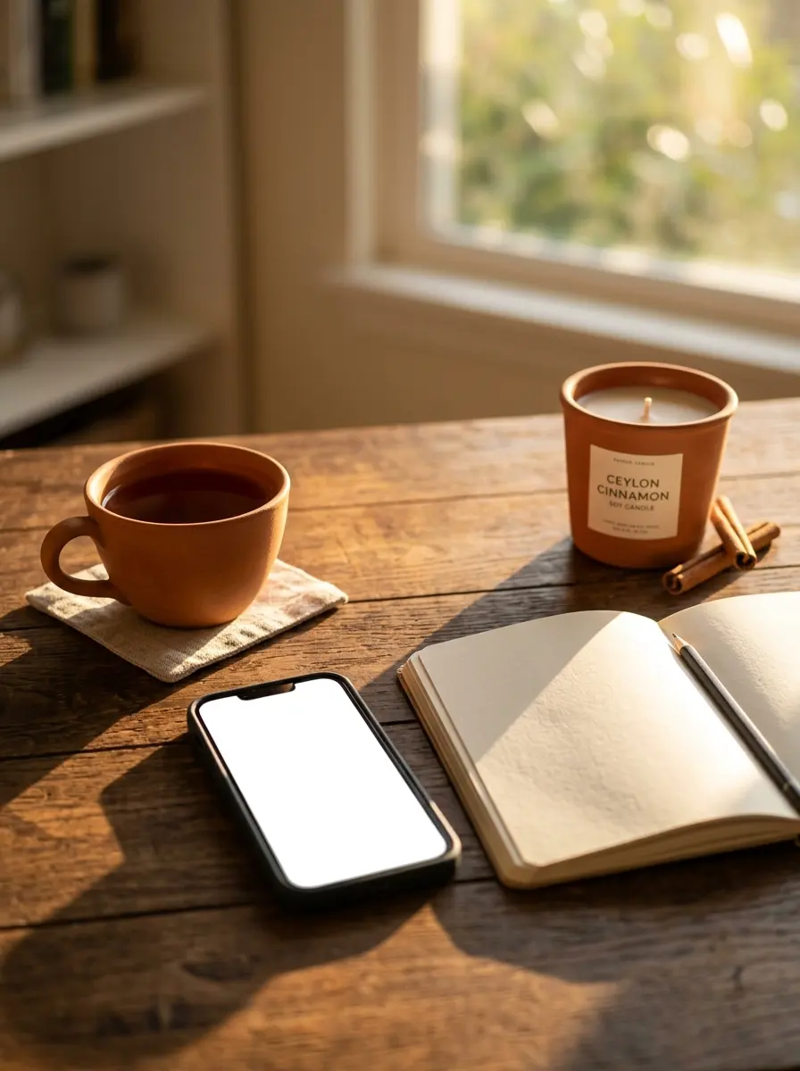 A phone, a notebook and a cup of tea on a wooden table